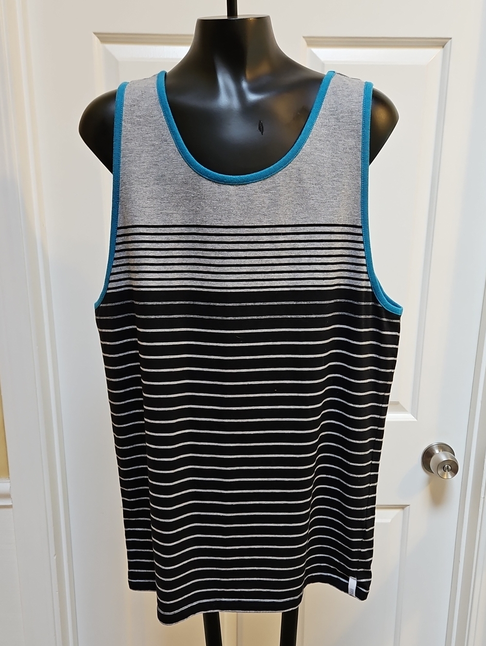 TRINITY Gray and Black Striped Tank Top Shirt with Blue Trim - L